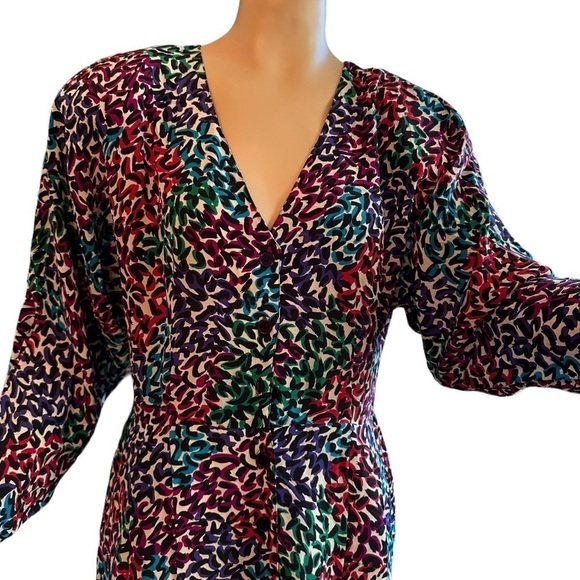 Vintage 100% Silk Long Sleeve Button Front Scribble Abstract Animal Print Dress - Picture 5 of 7